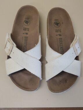 Birkenstock White Crisscross Canvas Slide Sandals
